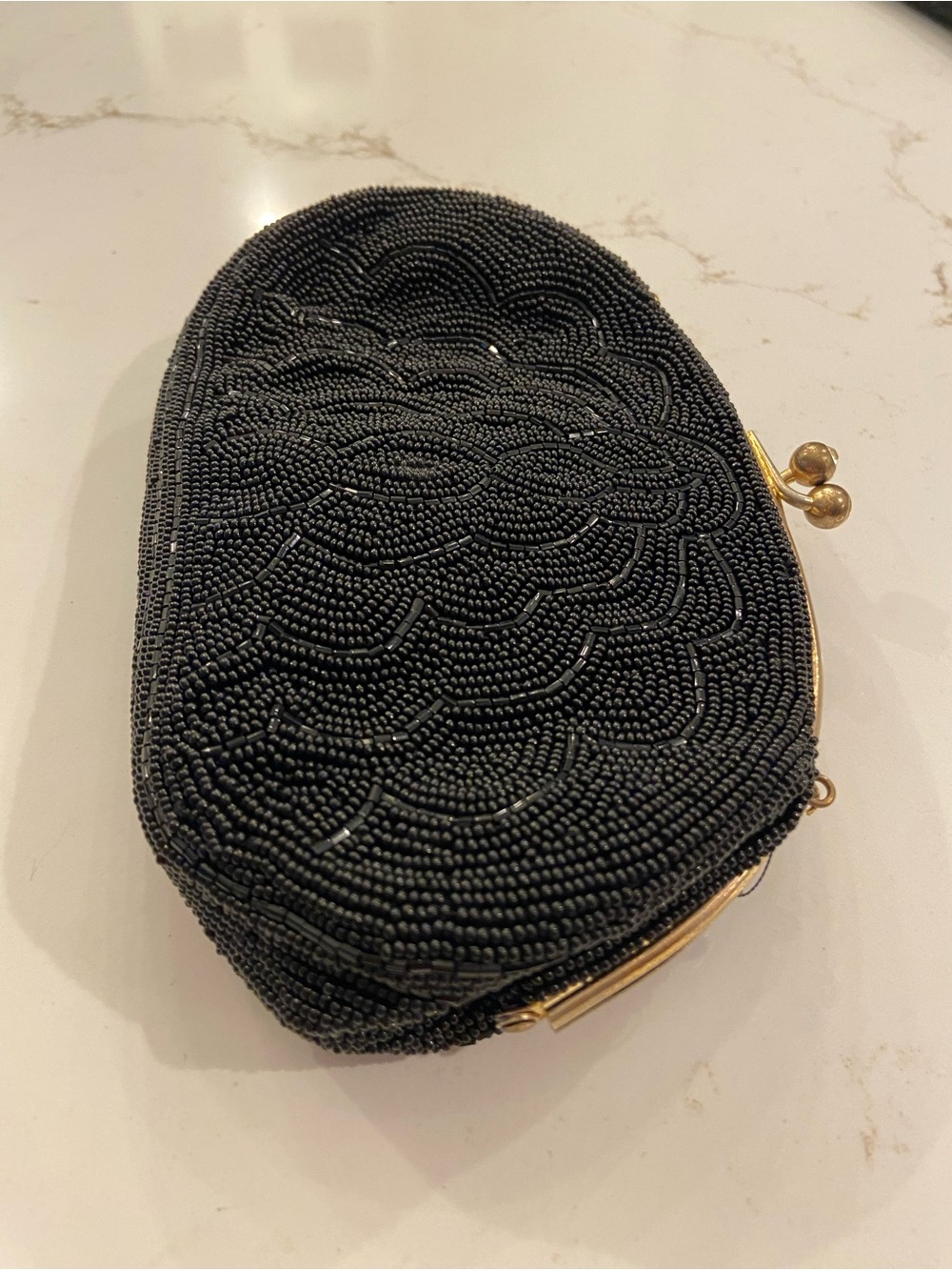 Vintage 1950s Freddy Paris Black Micro-Beaded Clutch Bag with Gold-Tone Frame